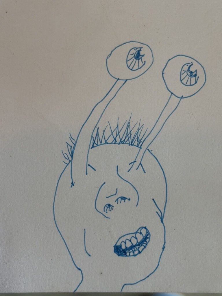 Surreal blue face sketch with tall curved eyes