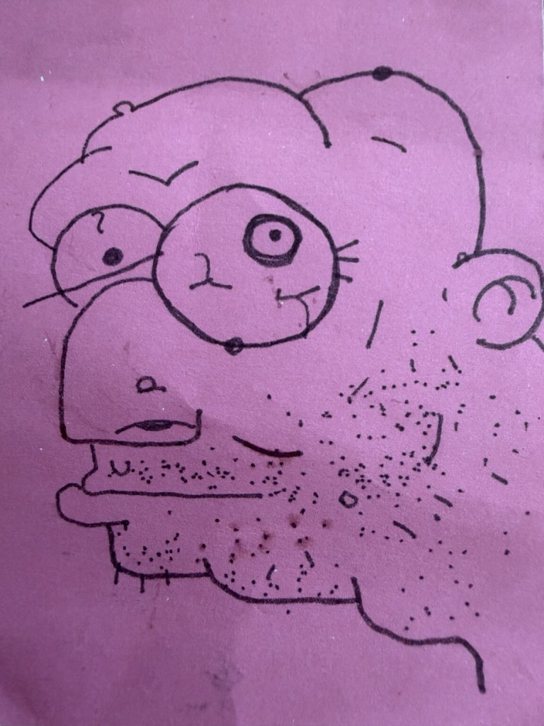 Loose purple pencil portrait of a lopsided character