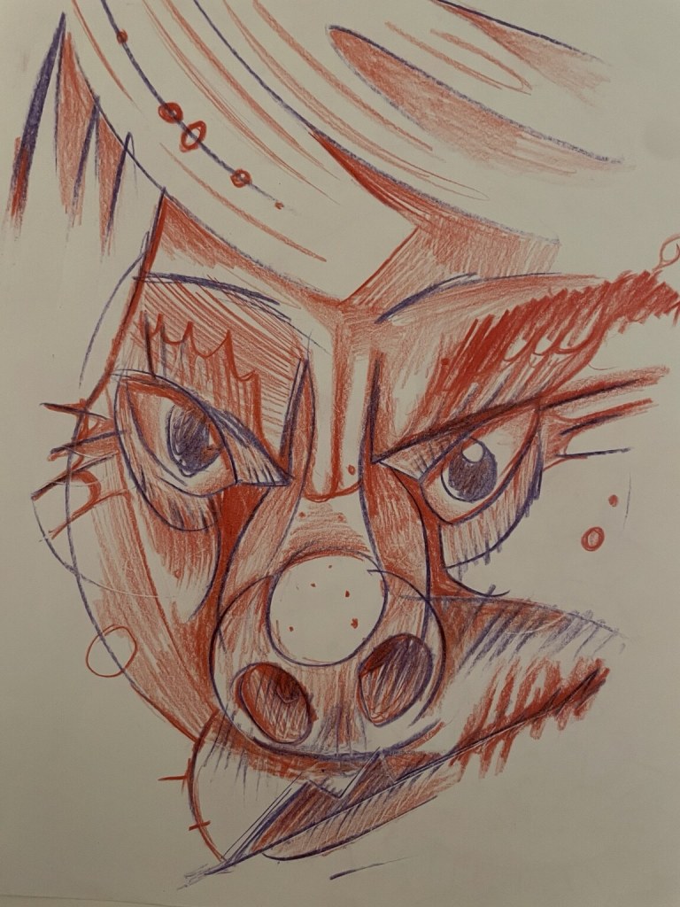 Angular red pencil portrait with bold sketch lines